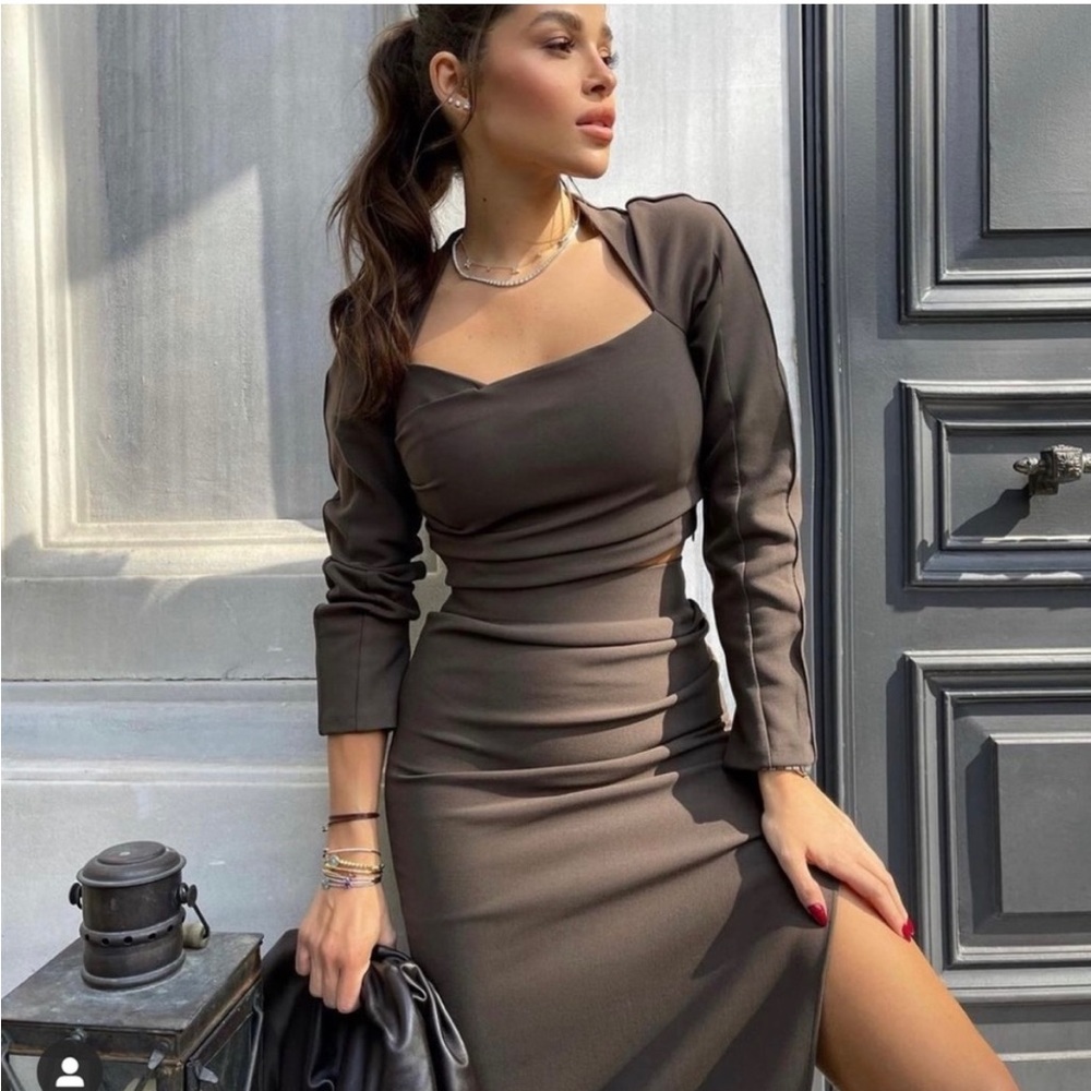 Zara Brown Draped Midi Skirt Set!